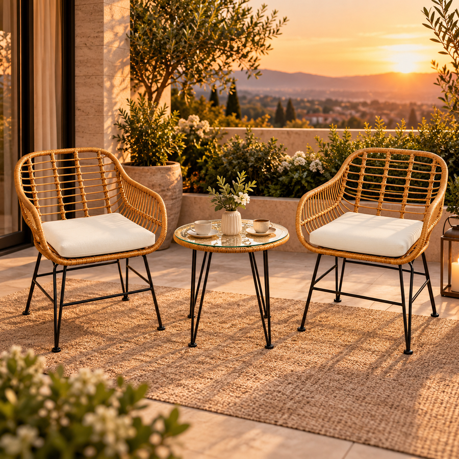 3 Pieces Rattan Furniture Set With Cushioned Chair Table featured in Small Patio Ideas: Turn a Compact Outdoor Space Into a Relaxing Retreat