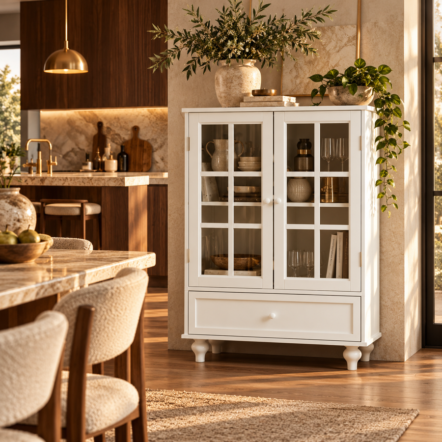 Minimalist White Buffet Cabinet With Double Glass Doors And Drawer, Modern Wooden Storage Sideboard Cupboard For Living Room, Dining Room Hallway Entryway featured in How to Style a Sideboard in Your Dining Room, Living Room or Entryway
