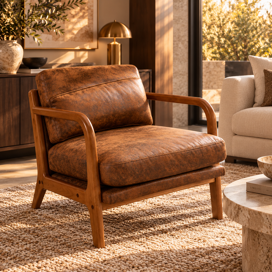 Mid-Century Modern Armchair – Accent Lounge Chair with Solid Wood Frame & High-Density Foam featured in How to Style a Living Room with Mixed Wood Tones