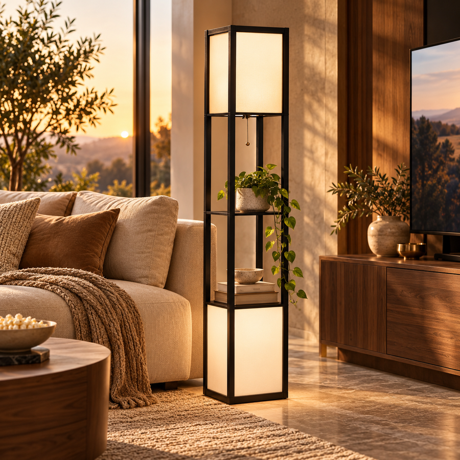 Modern Shelf Floor Lamp with Dual Ambient Light featured in How to Create a Family Movie Corner with Comfortable Seating
