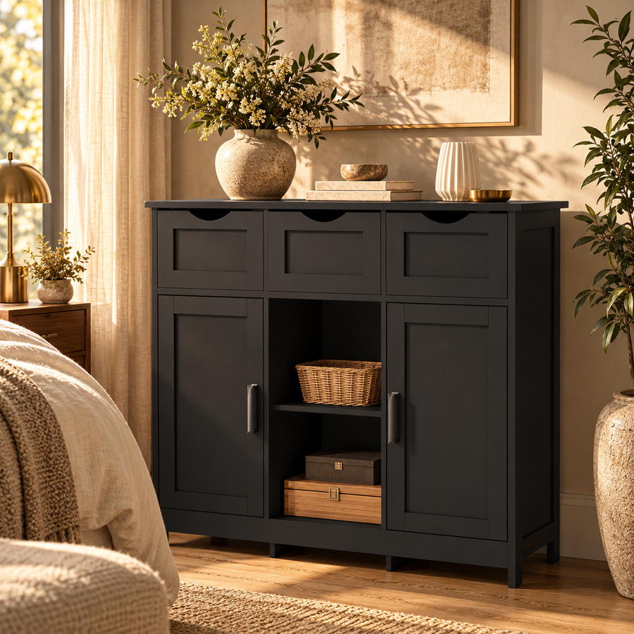 Storage Cabinet, Wooden Floor Cabinet, Storage Cabinet With Drawers And Shelves, Living Room, Bedroom, Bathroom Furniture, Home Decoration Cabinet featured in How to Furnish a Studio Apartment with Separate Living and Sleeping Zones