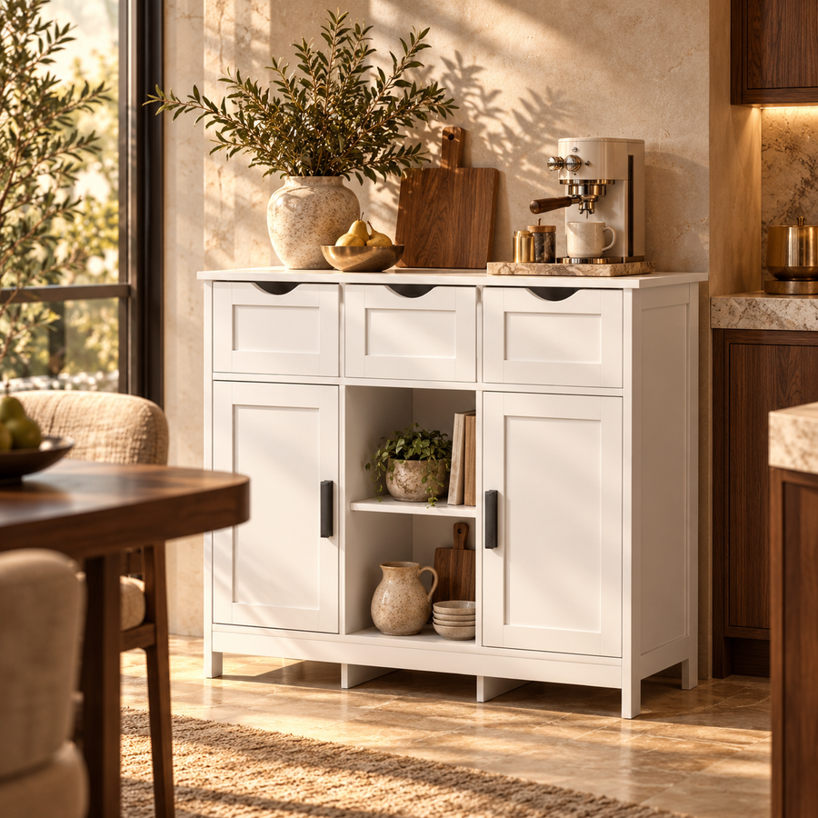 White Storage Cabinet with Drawers & Adjustable Shelves – Buffet, Coffee Bar & Bedroom Organizer featured in How to Choose Furniture for a Rental You May Move Out of Next Year