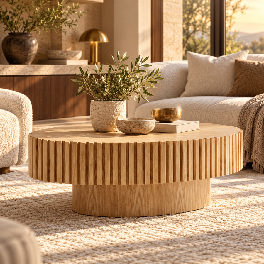 Modern Handmade Drum Coffee Table featured in Round vs. Rectangular Coffee Tables: Which Works Better with Your Sofa?