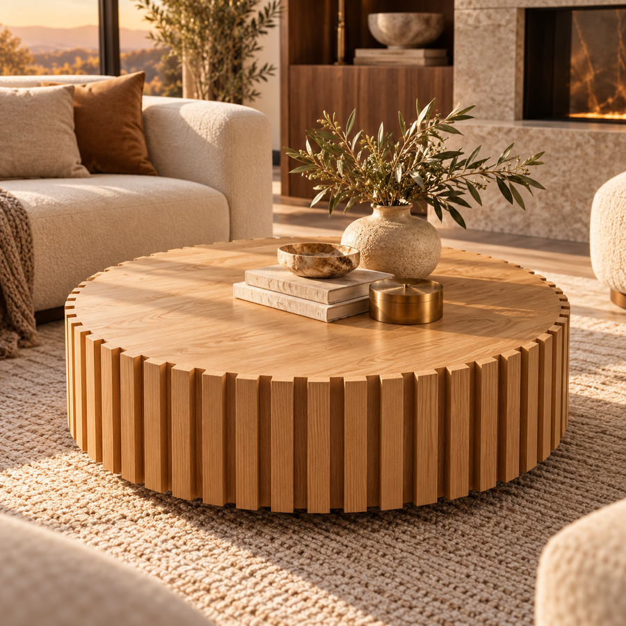 Modern Handmade Drum Coffee Table featured in How to Style a Coffee Table Without Covering Every Inch