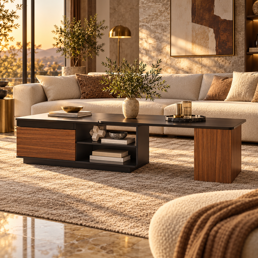 Extendable Coffee Table, Length Adjustable Wood Coffee Table With 2 Storage Drawers For Living Room, Large Long Rectangular Center Table featured in When an Extendable Coffee Table Makes Sense for Your Living Room