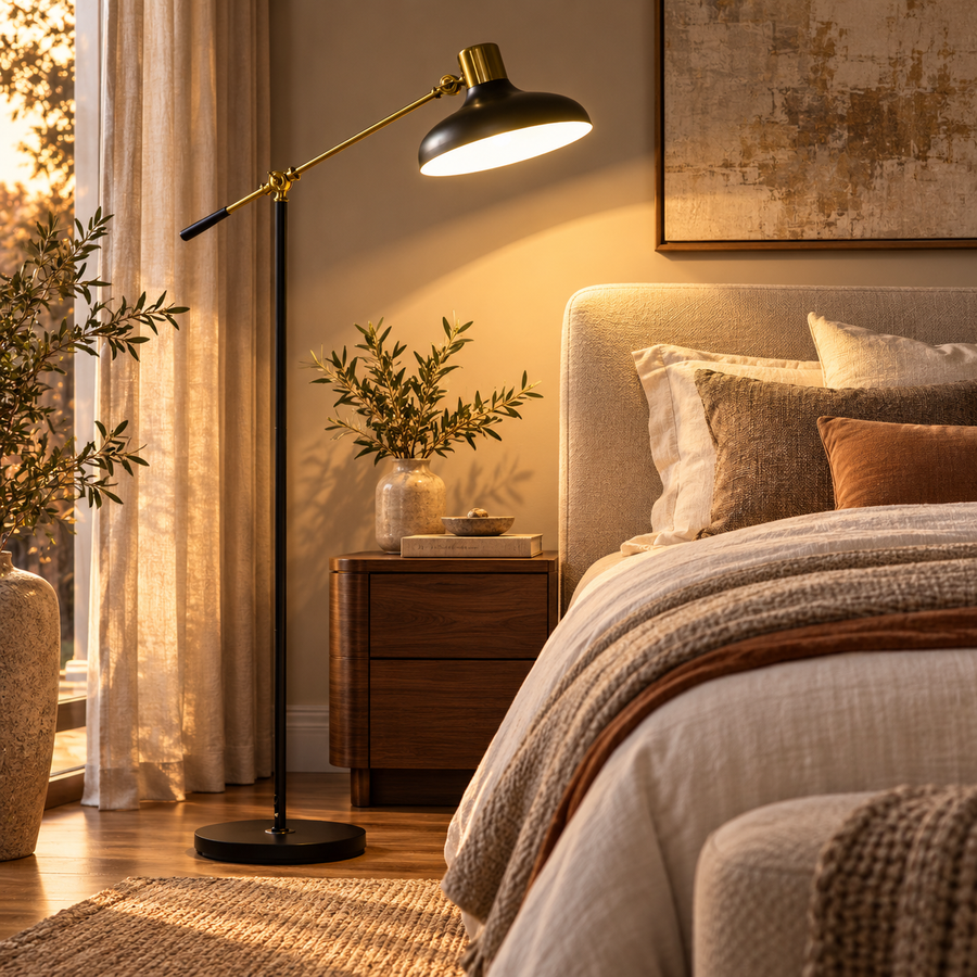 Adjustable Floor Lamps for Living Room, Standing Lamp for Bedroom with Balance Arm, Tall Black and Gold Lamp featured in How to Place a Floor Lamp Beside a Sofa Without Creating Glare