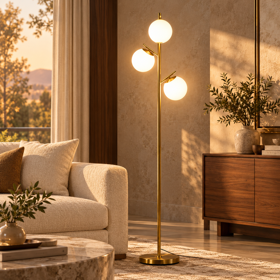 Modern 3-Light Floor Lamp for Living Room, Tree Standing Lamp with Globe Lampshades, 10.75"x10.75"x66.5", Gold featured in Black and Gold Lighting Ideas for a Modern Living Room