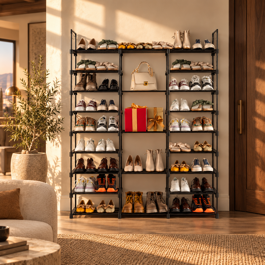 Shoe Racks 3 Rows And 9 Layers with Hooks Can Hold 50 Pairs of Shoes featured in How to Set Up a Small Entryway When You Have No Coat Closet