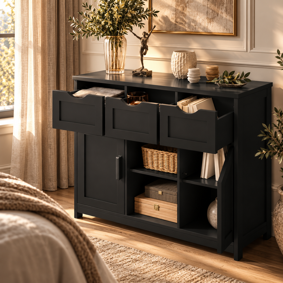 Storage Cabinet, Wooden Floor Cabinet, Storage Cabinet With Drawers And Shelves, Living Room, Bedroom, Bathroom Furniture, Home Decoration Cabinet featured in How to Choose Between Open Shelves and Closed Storage