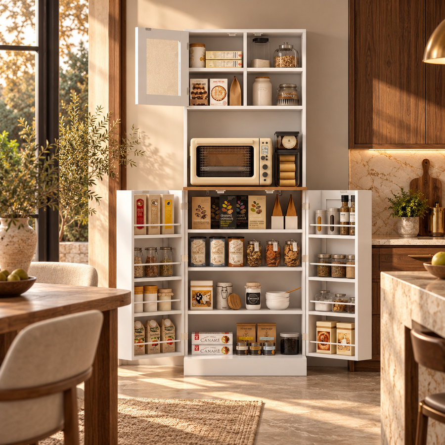 66.5" Tall Kitchen Pantry Cabinet, Kitchen Hutch, Microwave Cabinet with Adjustable Shelves for Dining Room, White featured in How to Organize a Kitchen with Almost No Pantry Space