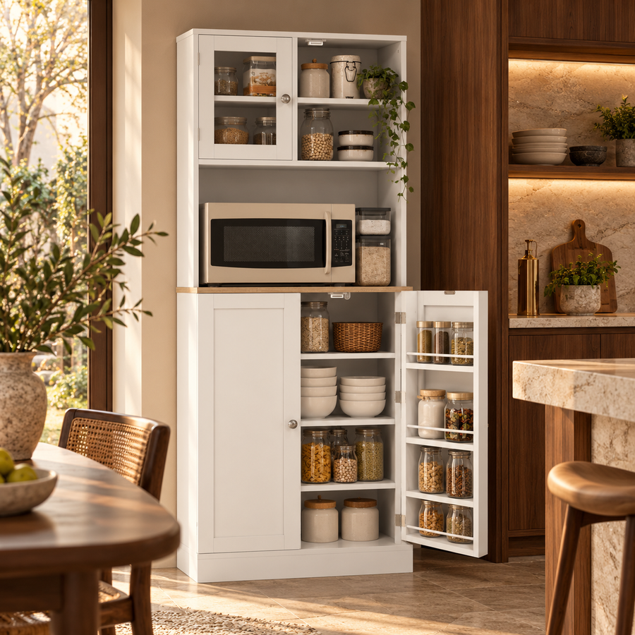 66.5" Tall Kitchen Pantry Cabinet, Kitchen Hutch, Microwave Cabinet with Adjustable Shelves for Dining Room, White featured in How to Choose a Kitchen Hutch That Looks Like Part of Your Home