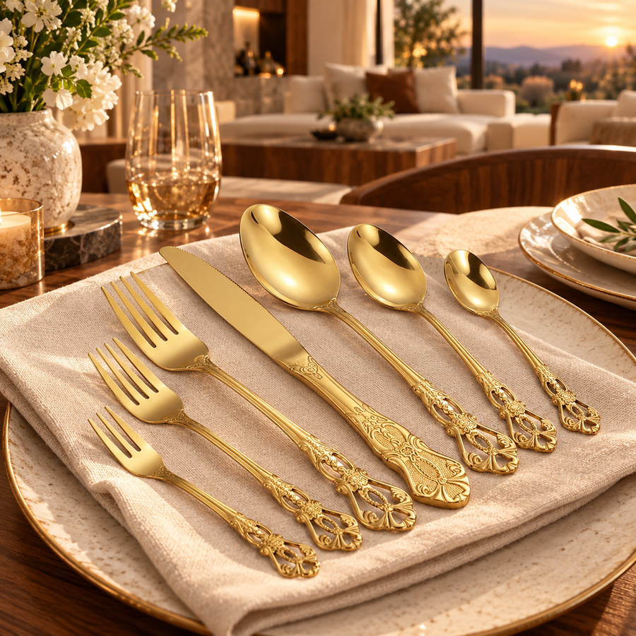 Stainless Steel Cutlery Spoon West Dinnerware Set Gold Plated featured in Gold Flatware Styling Ideas for an Elegant Dinner Table