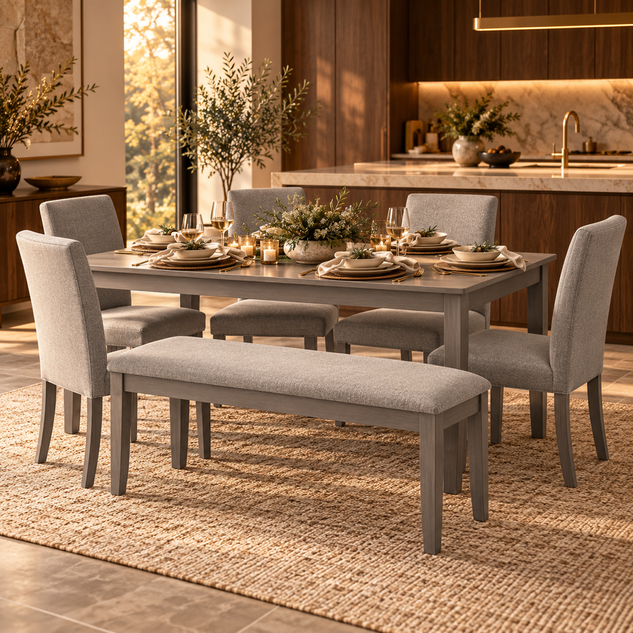 6-Piece Gray Dining Set for 6 with Rectangular Wood Table, 4 Upholstered Chairs & Bench featured in How to Prepare Your Dining Room for Holiday Guests