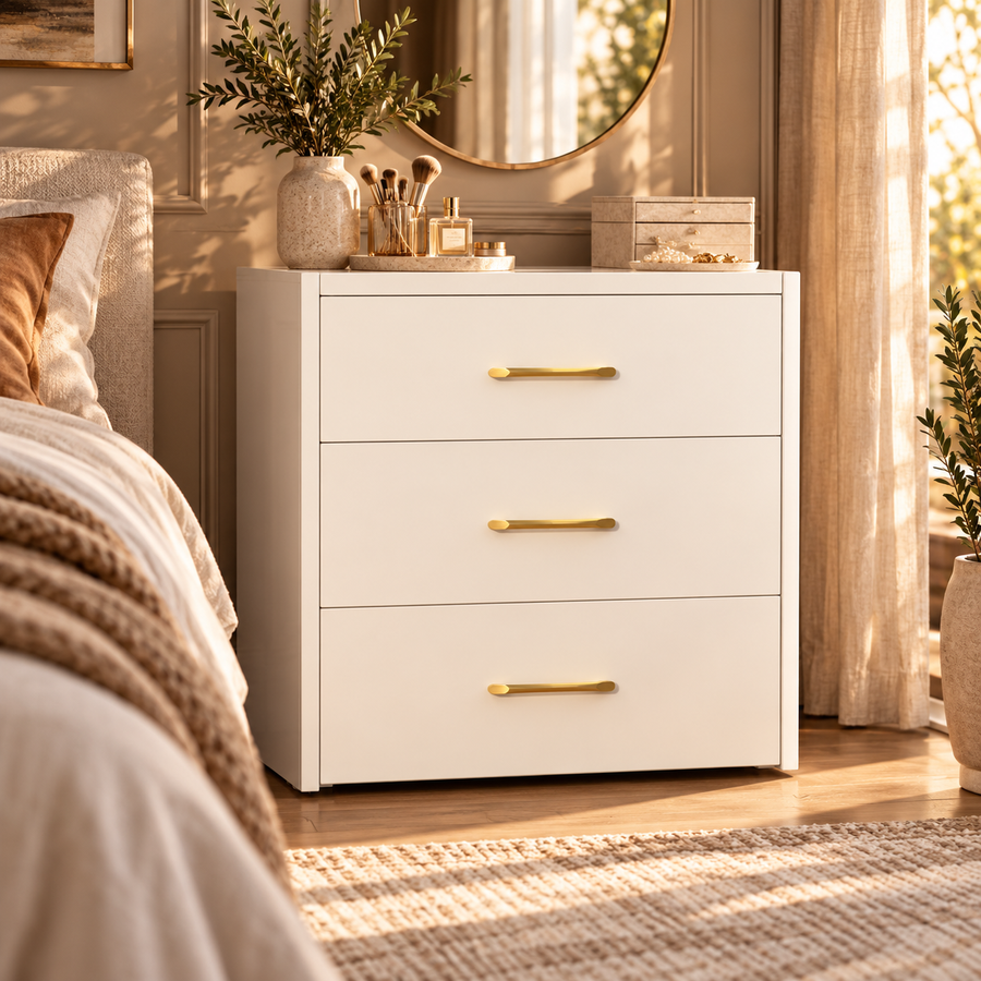 3 In 1 Vanity Desk with Open Top Mirror, Small Make Up Vanity Set with Visible Glass Desktop, Compact Makeup Vanity With 3 Drawers, Dressing Table for Bedroom featured in How to Organize a Makeup Vanity So Your Counter Stays Clear
