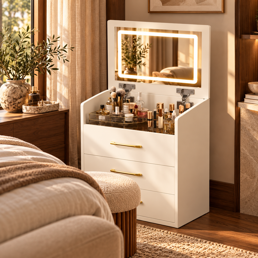 3 In 1 Vanity Desk with Open Top Mirror, Small Make Up Vanity Set with Visible Glass Desktop, Compact Makeup Vanity With 3 Drawers, Dressing Table for Bedroom featured in How to Make a Guest Bedroom Work as a Dressing Room Too