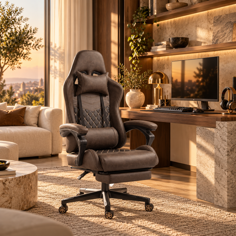 Racing Gaming Chair Diamond PU Leather Office Gamer Chair High Back Swivel Recliner with Footrest, Lumbar Support, Adjustable Height, Brown featured in How to Set Up a Comfortable Gaming Corner That Fits Your Living Space