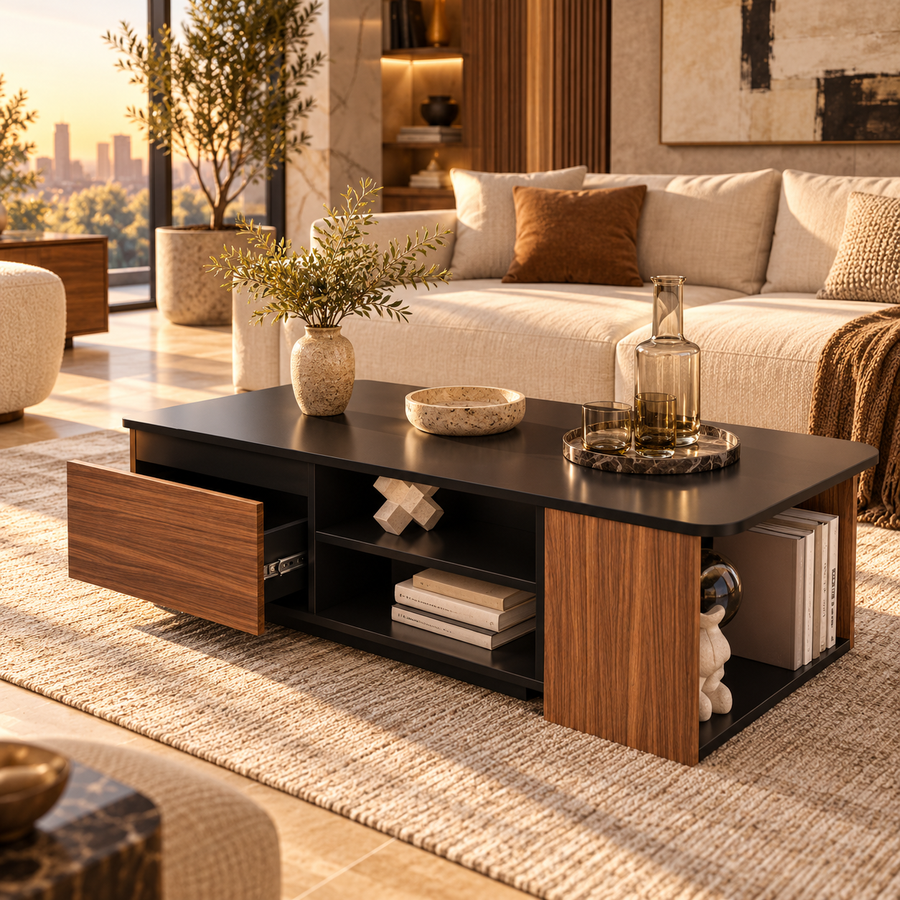 Extendable Coffee Table, Length Adjustable Wood Coffee Table With 2 Storage Drawers For Living Room, Large Long Rectangular Center Table featured in How to Furnish a Lounge for Both Entertaining and Quiet Nights
