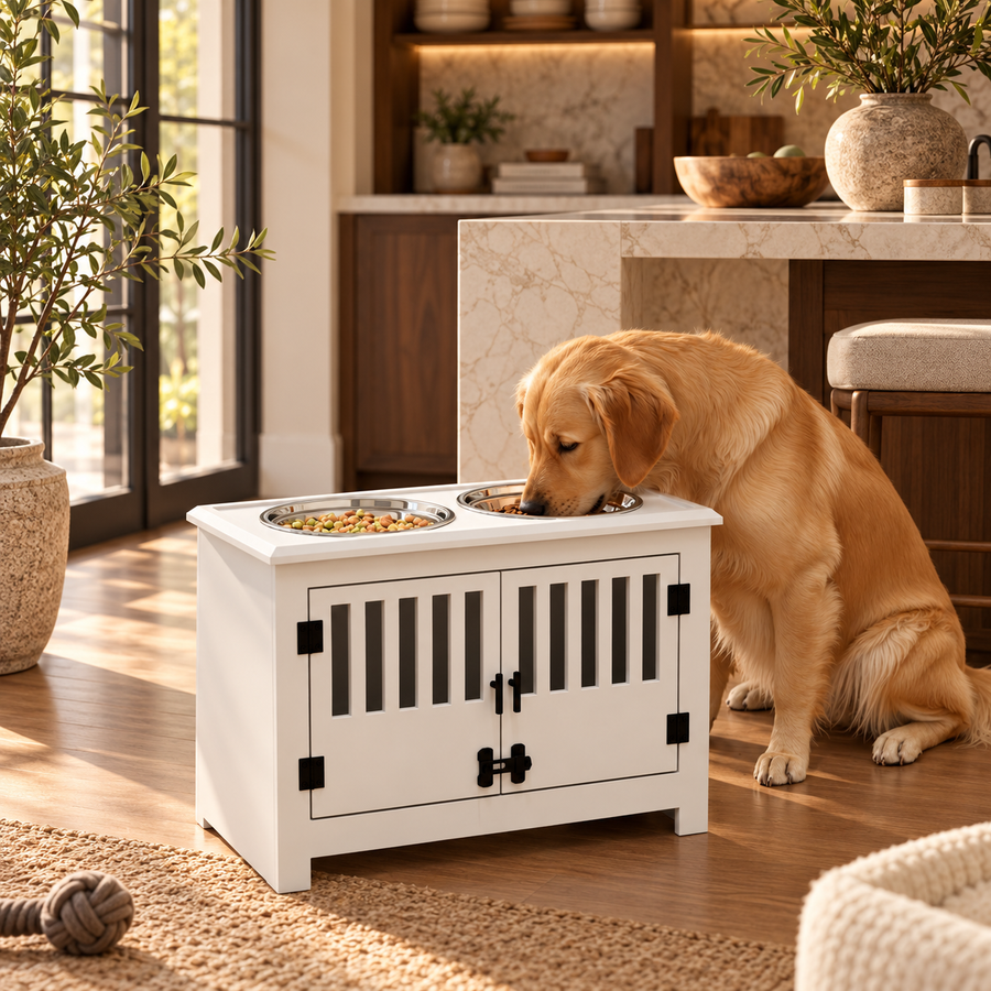 Dog Food Storage Cabinet with Bowls & Dog Feeding Station, White featured in How to Organize a Dog Feeding Station Without Kitchen Clutter