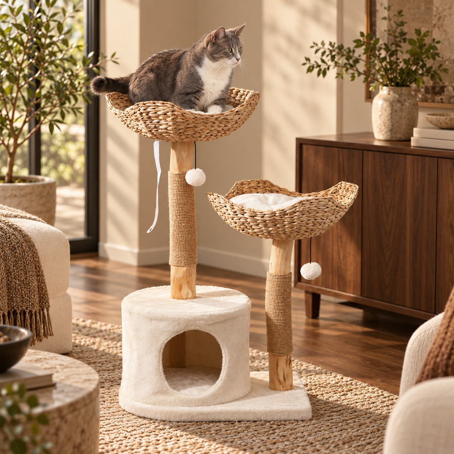 37 Inch Modern Cat Tree w/ Wooden Scratching Posts, Condo, Beds, Cushions, Toy Balls & Anti-Tip Kit featured in How to Choose a Cat Tree That Works with Your Home Décor
