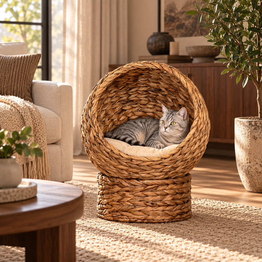 Handwoven Elevated Cat Bed with Soft Cushion & Egg Chair Shape, Basket Bed Kitty House with Stand, Raised Wicker House for Indoor Cats, 23.5" H, Light Brown featured in Cat Bed vs. Cat Condo: How to Plan a Comfortable Indoor Pet Corner