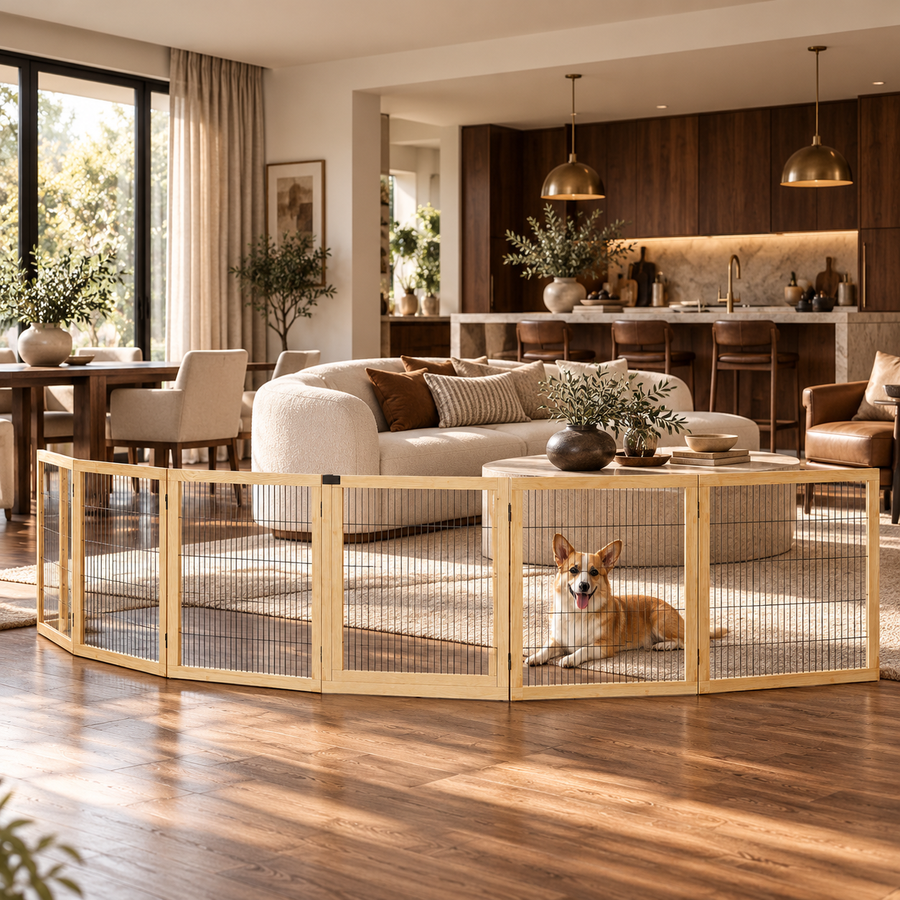 Wooden Pet Gate, 6-Panel Folding Dog Safety Barrier with Support Feet for Small & Medium Dogs, Natural Wood featured in How to Use a Wooden Pet Gate in an Open-Plan Home