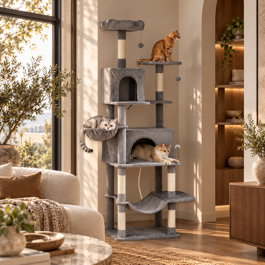 Multi-Level Cat Tower, 80" Tall Cat Tree, with 2 Condos, 2 Hammocks, 6 Sisal Scratching Posts, Dark Gray featured in How to Design a Multi-Cat Room with More Vertical Space