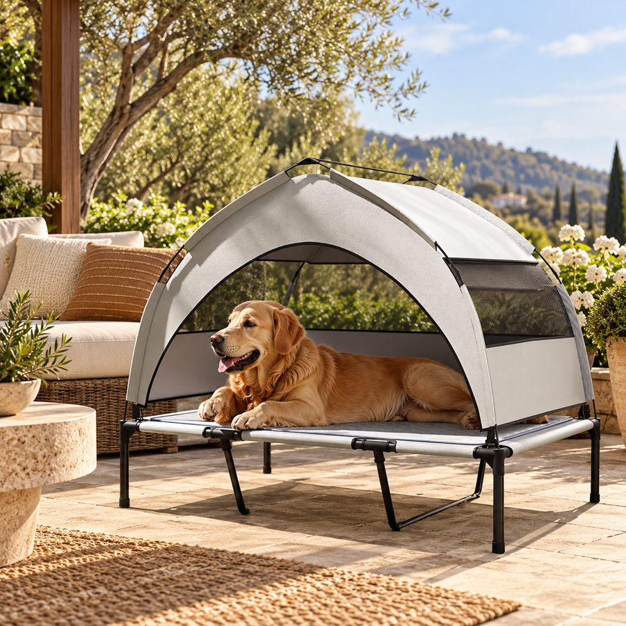 Elevated Dog Bed with Removable Canopy, Portable Outside Raised Pet Cot with Cooling Pad, Storage Bag, 42" x 30" x 37" featured in How to Set Up an Outdoor Rest Area for Your Dog
