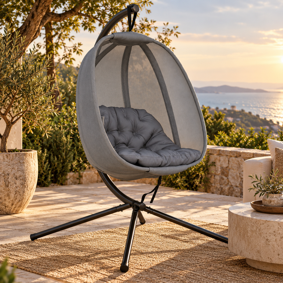 Hanging Egg Chair, Folding Texteline Swing Hammock With Side Pocket, Cushion And Stand For Indoor Outdoor, Patio Garden Furniture, Grey featured in Hanging Egg Chair vs. Patio Conversation Set: Which Fits Your Outdoor Space?