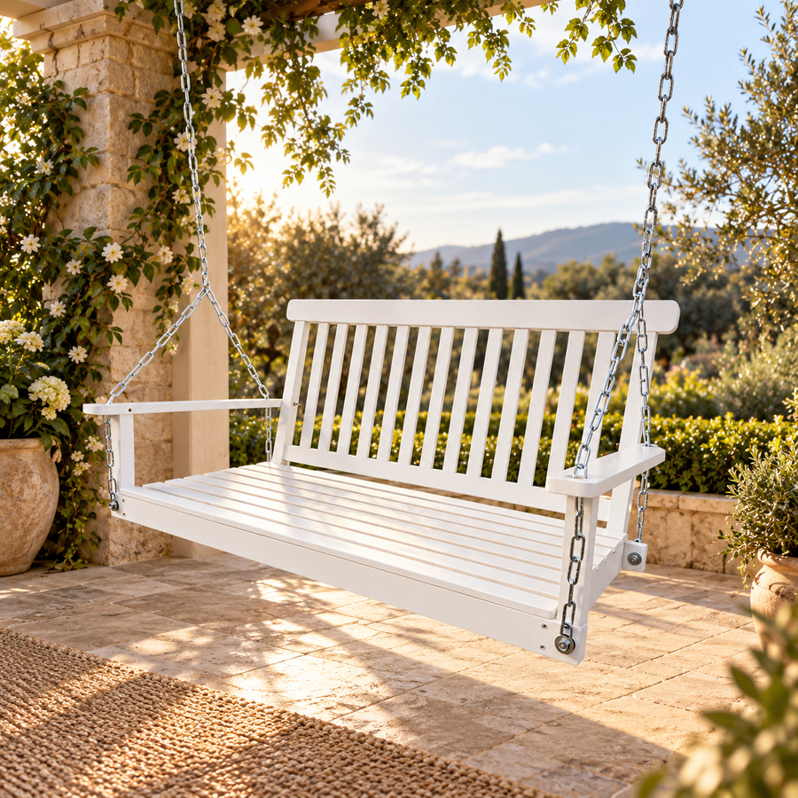 Wooden Bench Swing With Chain featured in How to Choose a Porch Swing for Your Outdoor Space