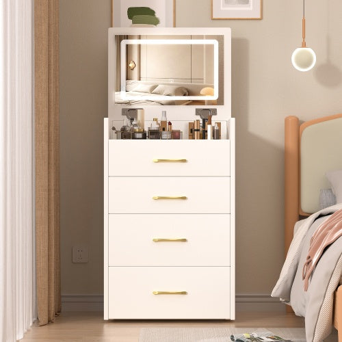3 In 1 Vanity Desk with Open Top Mirror, Small Make Up Vanity Set with Visible Glass Desktop, Compact Makeup Vanity With 3 Drawers, Dressing Table for Bedroom