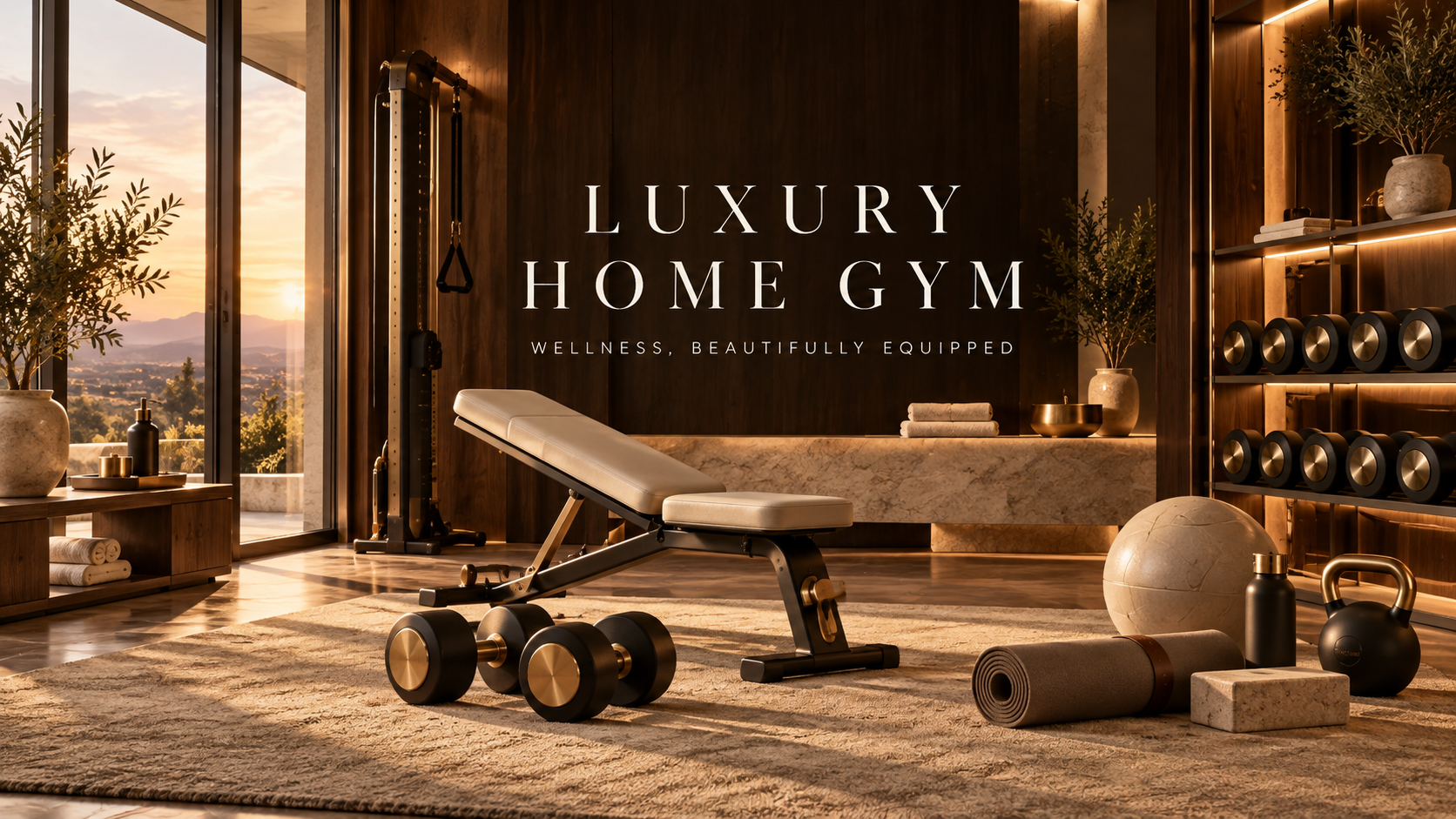 Refined home gym equipment styled in a calm private fitness room