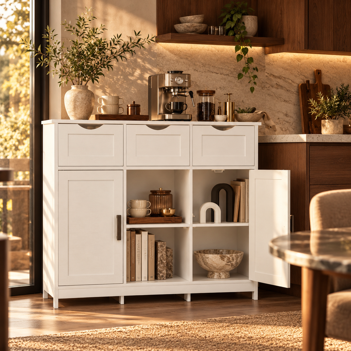 White Storage Cabinet with Drawers & Adjustable Shelves – Buffet, Coffee Bar & Bedroom Organizer featured in How to Create a Home Coffee Bar Without Remodeling Your Kitchen
