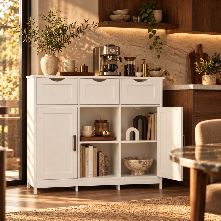White Storage Cabinet with Drawers & Adjustable Shelves – Buffet, Coffee Bar & Bedroom Organizer featured in How to Create a Home Coffee Bar Without Remodeling Your Kitchen