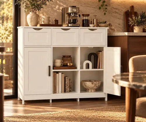 White Storage Cabinet with Drawers & Adjustable Shelves – Buffet, Coffee Bar & Bedroom Organizer featured in How to Create a Home Coffee Bar Without Remodeling Your Kitchen