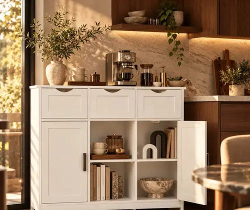 White Storage Cabinet with Drawers & Adjustable Shelves – Buffet, Coffee Bar & Bedroom Organizer featured in How to Create a Home Coffee Bar Without Remodeling Your Kitchen