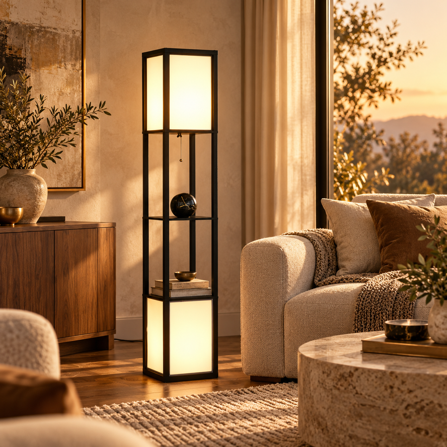 Modern Shelf Floor Lamp with Dual Ambient Light featured in The Secret to a Cozy Living Room: Layer Your Lighting