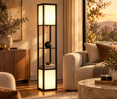 Modern Shelf Floor Lamp with Dual Ambient Light featured in The Secret to a Cozy Living Room: Layer Your Lighting