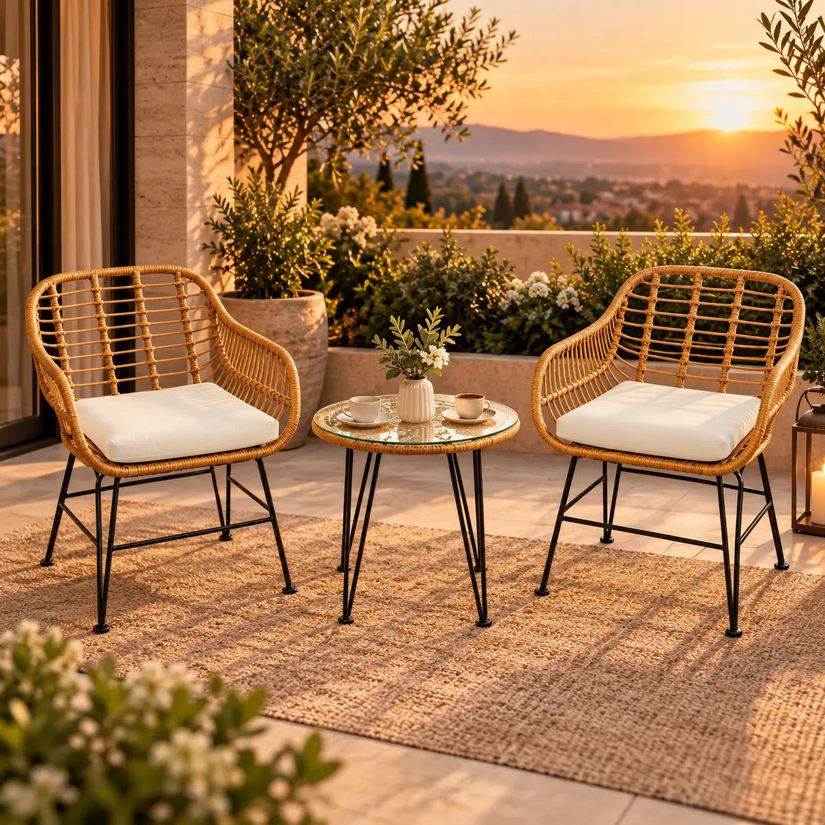 3 Pieces Rattan Furniture Set With Cushioned Chair Table featured in Small Patio Ideas: Turn a Compact Outdoor Space Into a Relaxing Retreat