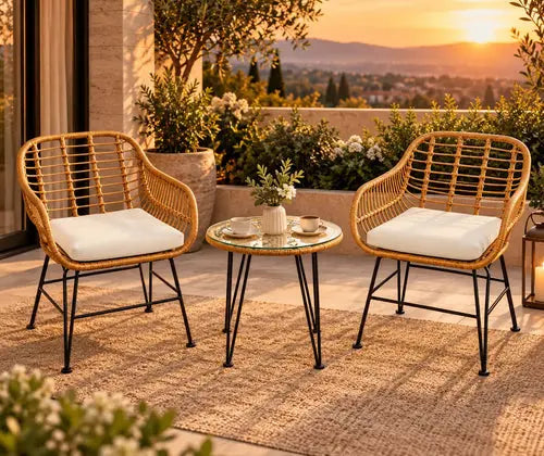 3 Pieces Rattan Furniture Set With Cushioned Chair Table featured in Small Patio Ideas: Turn a Compact Outdoor Space Into a Relaxing Retreat