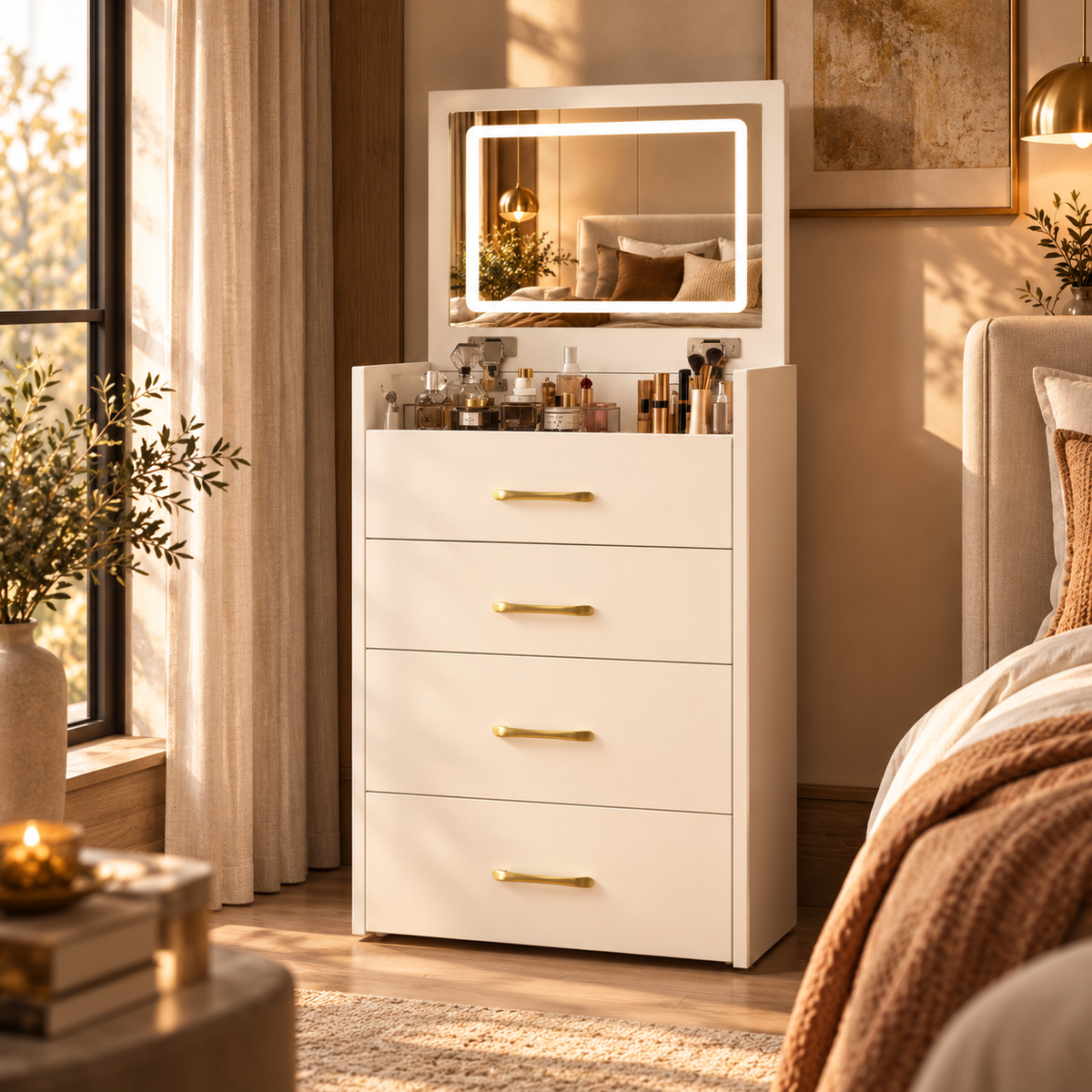 3 In 1 Vanity Desk with Open Top Mirror, Small Make Up Vanity Set with Visible Glass Desktop, Compact Makeup Vanity With 3 Drawers, Dressing Table for Bedroom featured in Small Bedroom Vanity Ideas for a Beautiful, Organized Morning Routine