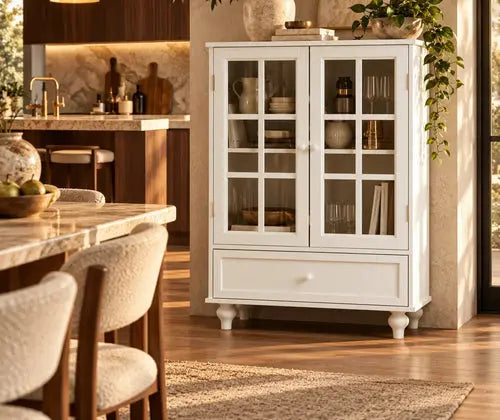 Minimalist White Buffet Cabinet With Double Glass Doors And Drawer, Modern Wooden Storage Sideboard Cupboard For Living Room, Dining Room Hallway Entryway featured in How to Style a Sideboard in Your Dining Room, Living Room or Entryway