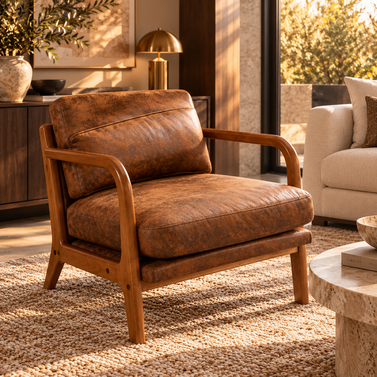 Mid-Century Modern Armchair – Accent Lounge Chair with Solid Wood Frame & High-Density Foam featured in How to Style a Living Room with Mixed Wood Tones