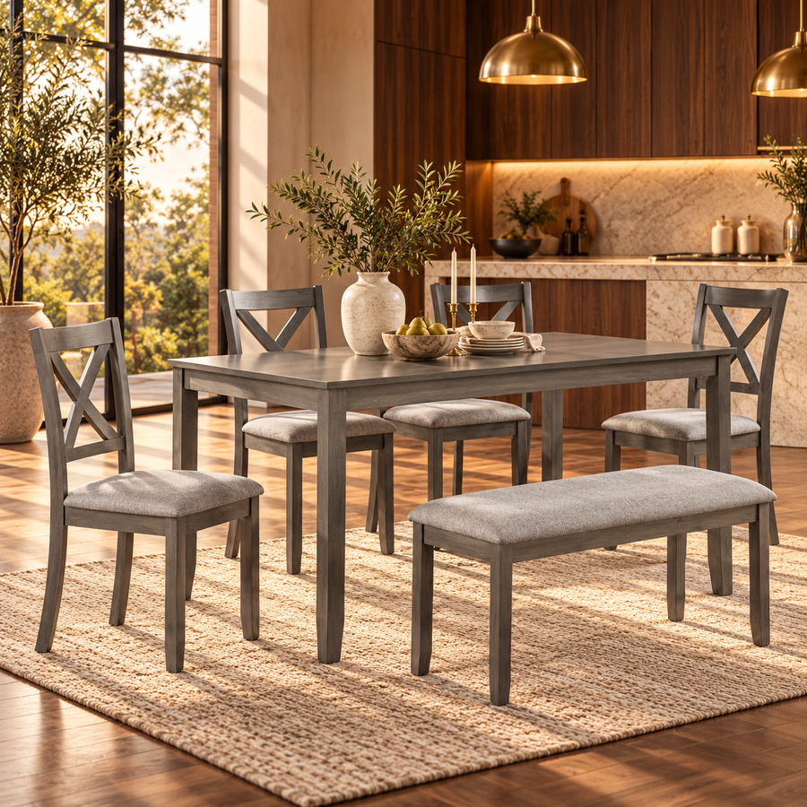 6-Piece Gray Dining Set for 6 with Rectangular Wood Table, 4 Upholstered Chairs & Bench featured in How to Make an Open-Plan Living and Dining Room Feel Connected