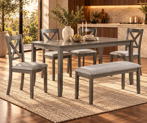 6-Piece Gray Dining Set for 6 with Rectangular Wood Table, 4 Upholstered Chairs & Bench featured in How to Make an Open-Plan Living and Dining Room Feel Connected