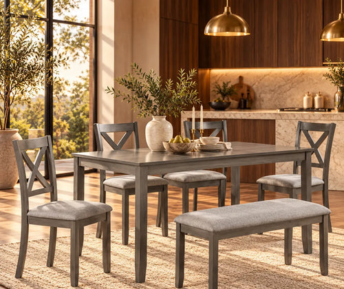6-Piece Gray Dining Set for 6 with Rectangular Wood Table, 4 Upholstered Chairs & Bench featured in How to Make an Open-Plan Living and Dining Room Feel Connected