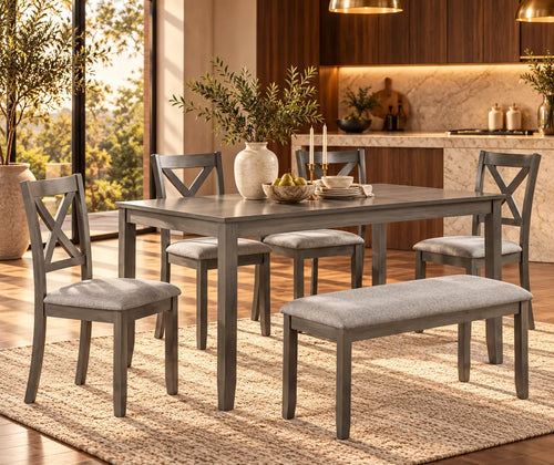 6-Piece Gray Dining Set for 6 with Rectangular Wood Table, 4 Upholstered Chairs & Bench featured in How to Make an Open-Plan Living and Dining Room Feel Connected