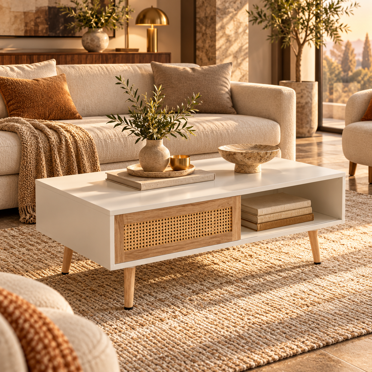 Rattan Coffee Table 41.34 Inch featured in How to Create a Calm Living Room with Warm Neutrals
