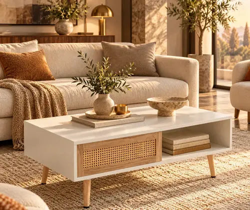 Rattan Coffee Table 41.34 Inch featured in How to Create a Calm Living Room with Warm Neutrals