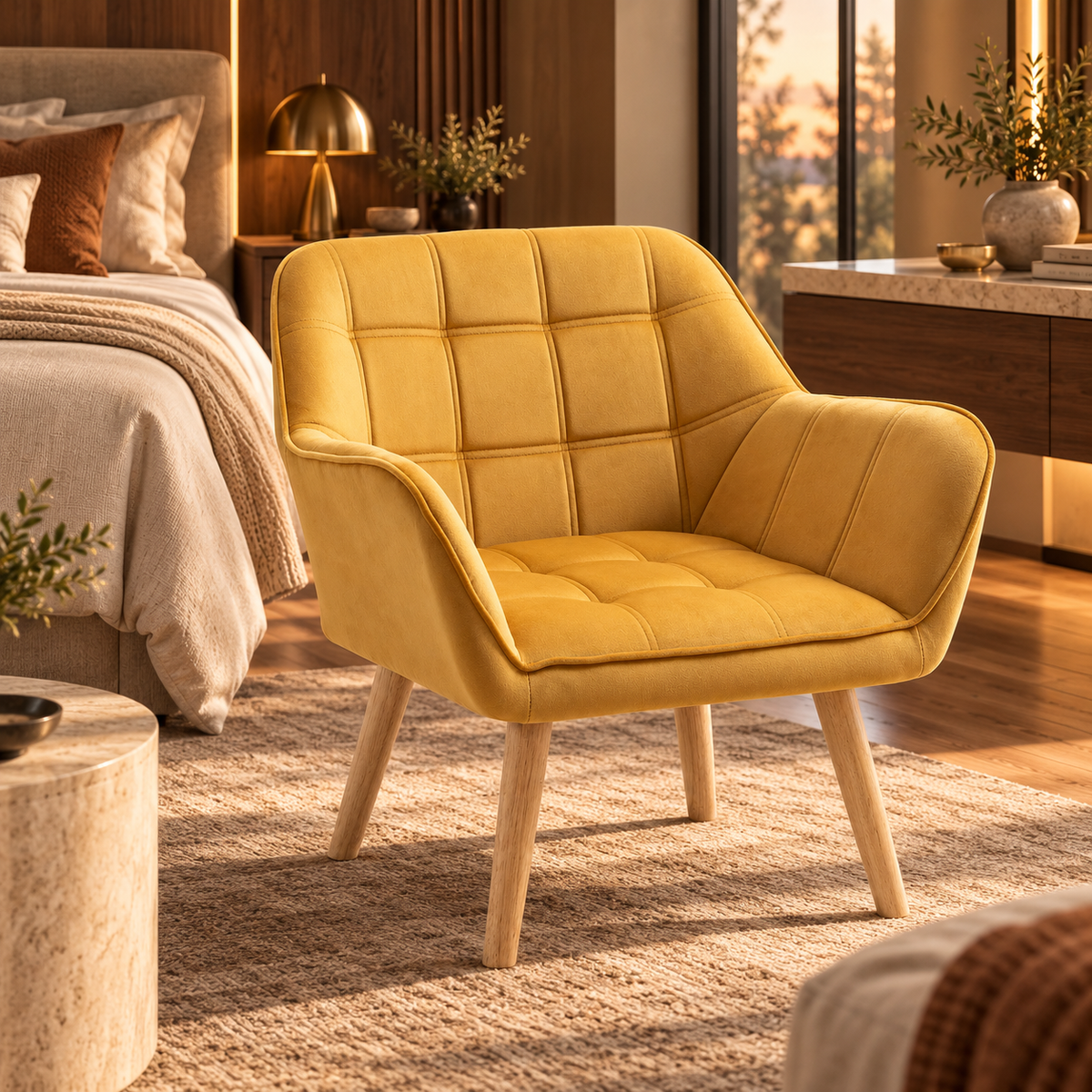 Armchair Accent Chair, Vanity Chair With Wide Arms, Slanted Back, Padding, Metal Frame, Wooden Legs, Home Bedroom Furniture Seating, Yellow featured in How to Use One Bold Accent Chair Without Overwhelming Your Room