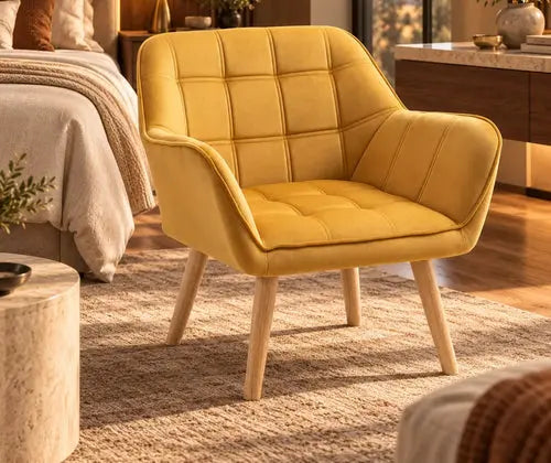 Armchair Accent Chair, Vanity Chair With Wide Arms, Slanted Back, Padding, Metal Frame, Wooden Legs, Home Bedroom Furniture Seating, Yellow featured in How to Use One Bold Accent Chair Without Overwhelming Your Room